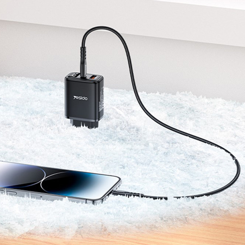 Cargador de Red Yesido YC68, Pantalla de 20W, 3A, 1 x USB-A - 1 x USB-C, Negro