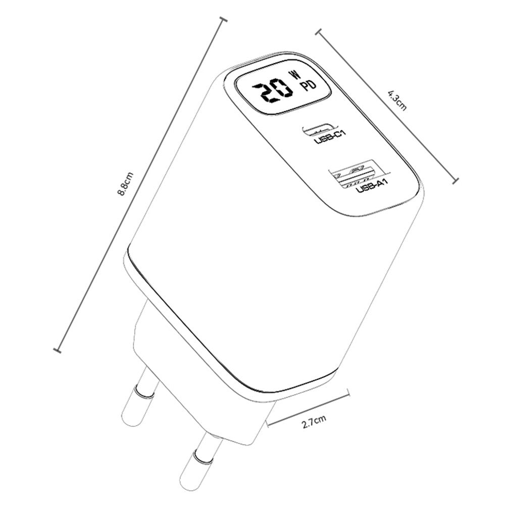 Cargador de Red Yesido YC68, Pantalla de 20W, 3A, 1 x USB-A - 1 x USB-C, Negro