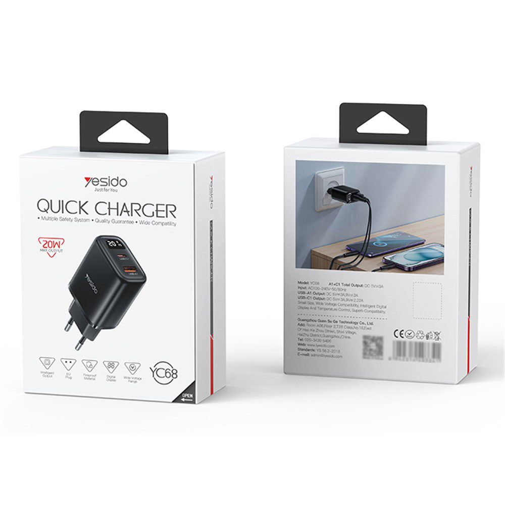 Cargador de Red Yesido YC68, Pantalla de 20W, 3A, 1 x USB-A - 1 x USB-C, Negro
