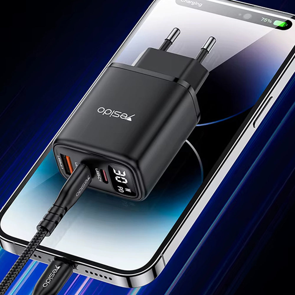 Cargador de Red Yesido YC69 Display, 30W, 3A, 1 x USB-A - 2 x USB-C, Negro