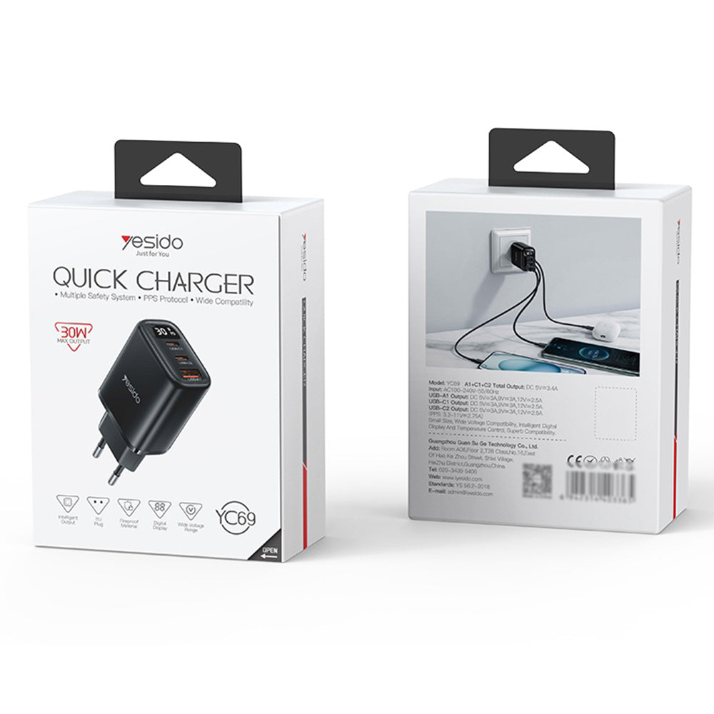 Cargador de Red Yesido YC69 Display, 30W, 3A, 1 x USB-A - 2 x USB-C, Negro