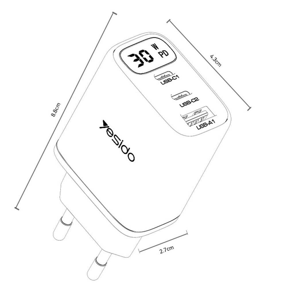 Cargador de Red Yesido YC69 Display, 30W, 3A, 1 x USB-A - 2 x USB-C, Negro