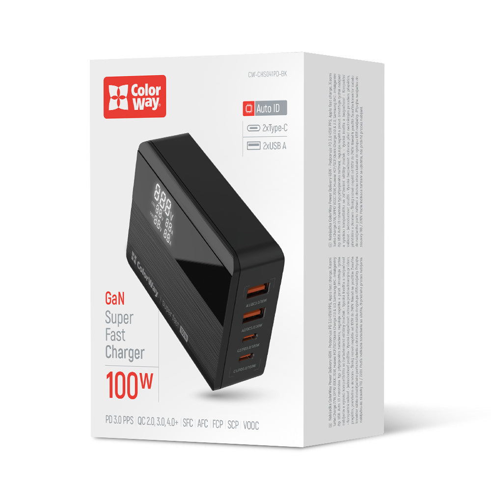 Cargador Estación ColorWay Display, 100W, 5A, 2 x USB-A - 2 x USB-C, Negro