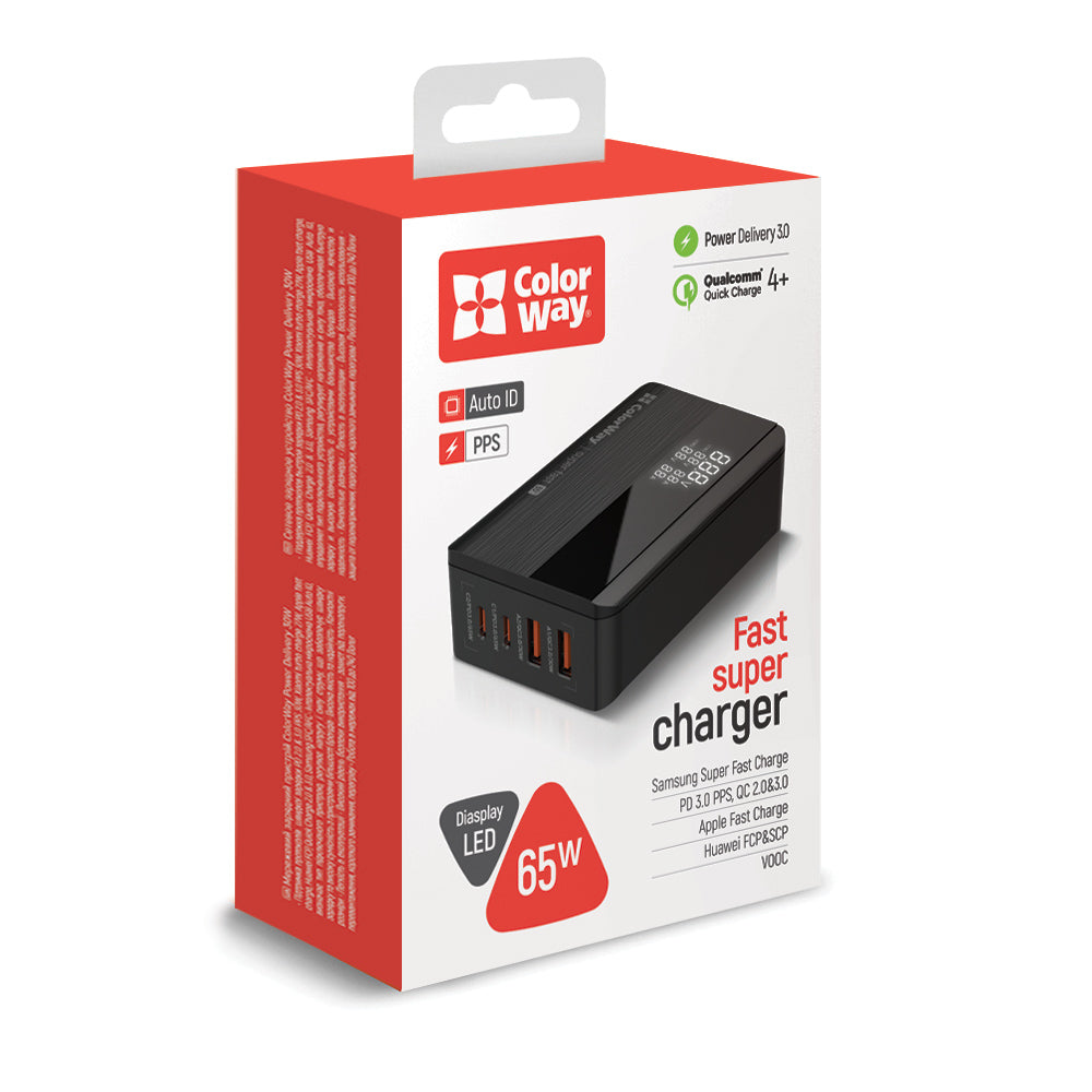 Cargador Estación ColorWay Display, 65W, 3.25A, 2 x USB-A - 2 x USB-C, Negro