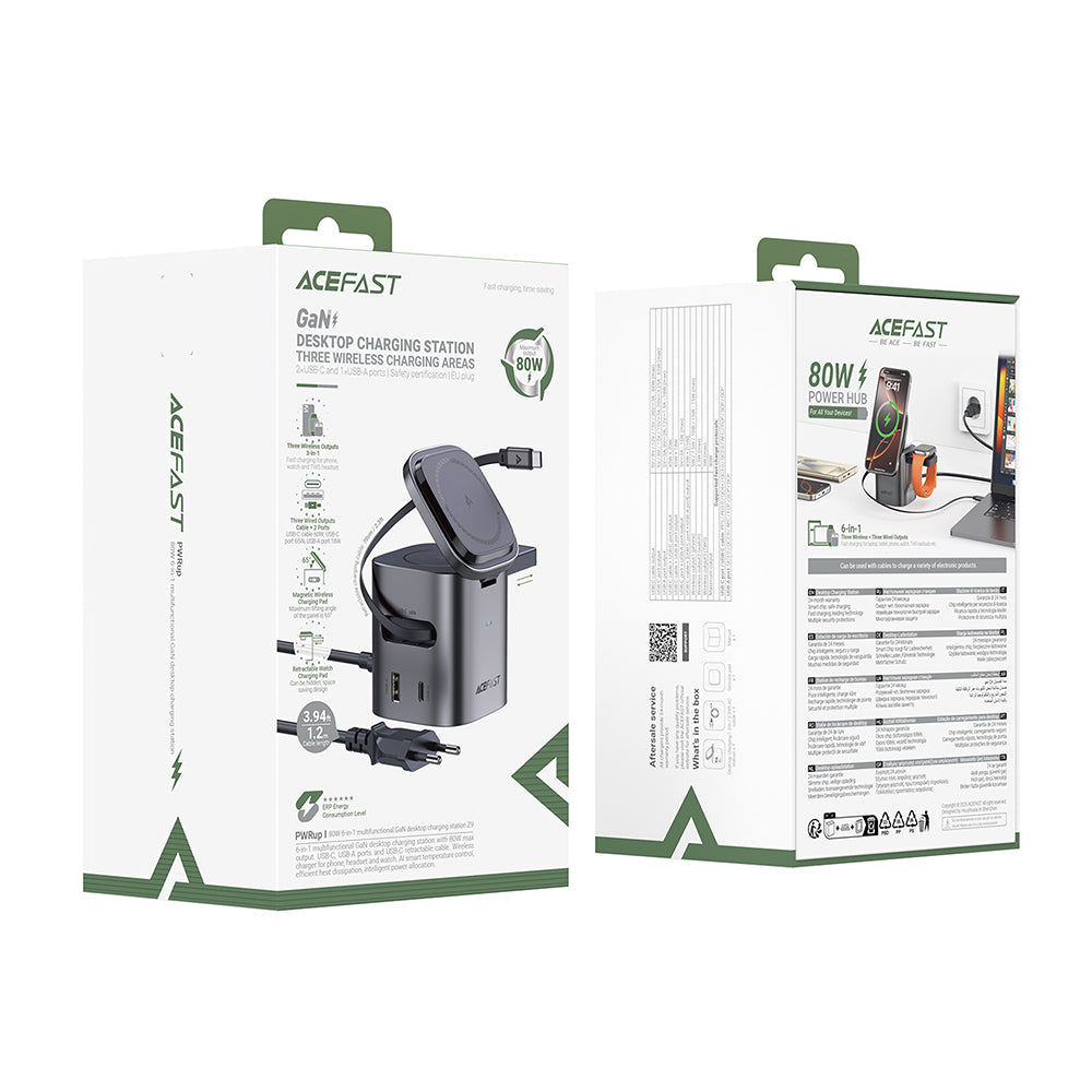 Cargador Estación Con Cable USB-C Acefast Z9 QI 6in1, 80W, 1 x USB-C - 1 x USB-A, Negro