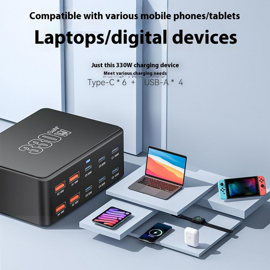 Cargador Estación OEM HW66, 330W, 5A, 4 x USB-A - 6 x USB-C, Negro