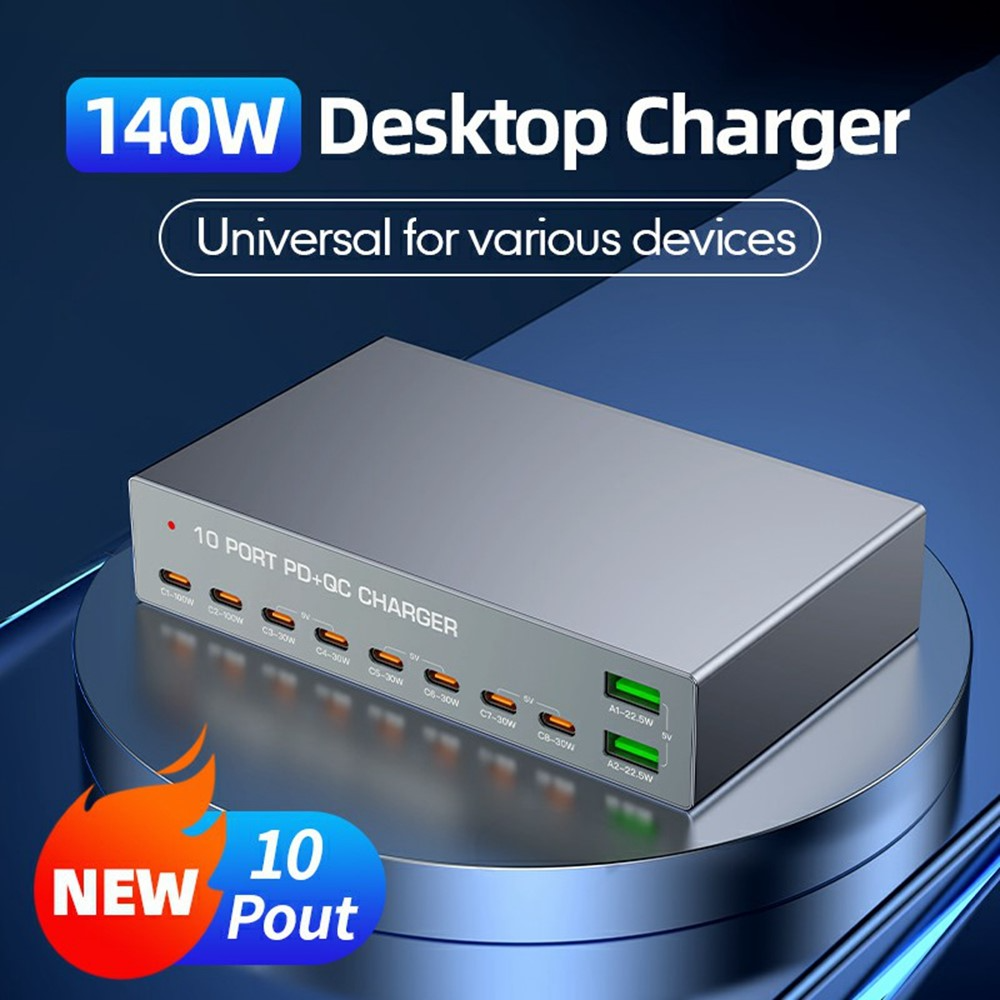 Cargador Estación OEM WLX-X6Y, 140W, 5A, 2 x USB-A - 8 x USB-C, Plateado
