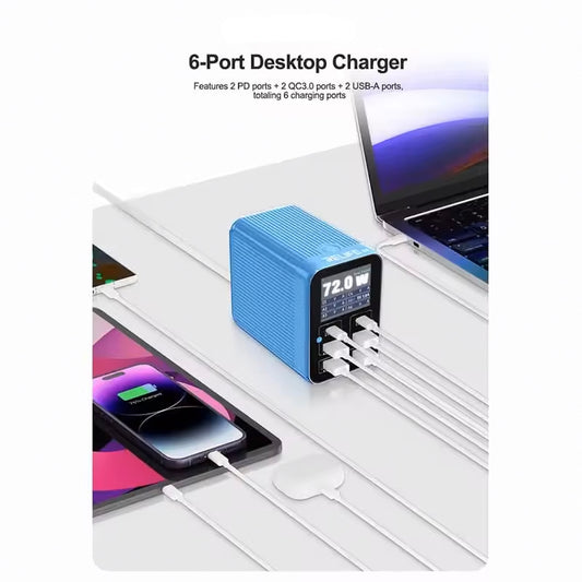 Cargador Estación Relife Q4, 72W, 5A, 2 x USB-C - 4 x USB-A, Azul