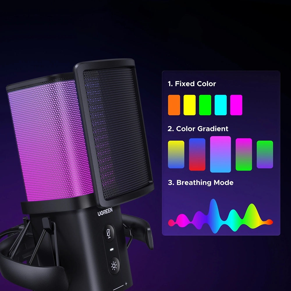 Micrófono Cardioide UGREEN CM581 (65629), RGB, USB-C, 1.5m, Negro
