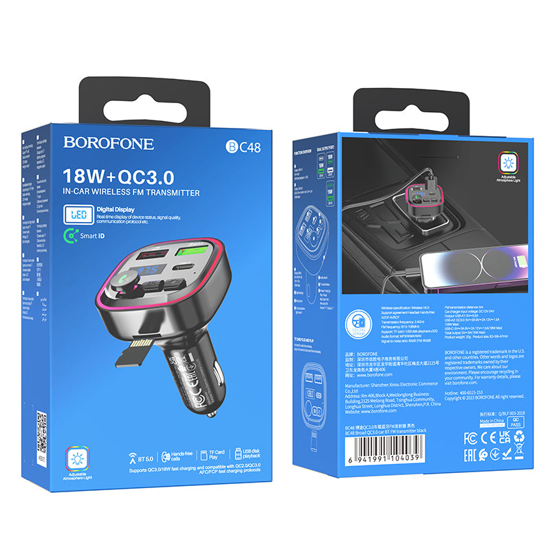 Modulador FM Bluetooth Borofone BC48, 2 x USB-A - 1 x USB-C - 1 x microSD