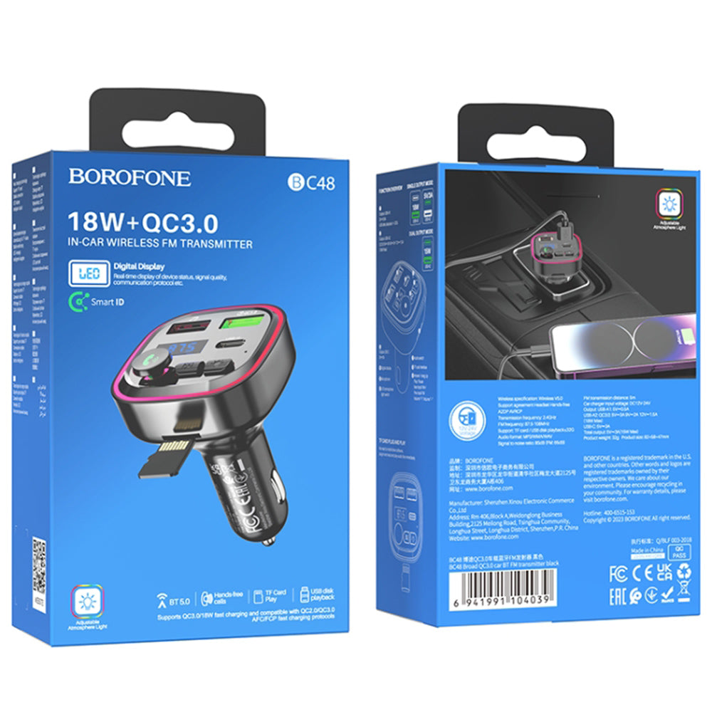 Modulador FM Bluetooth Borofone BC48, 2 x USB-A - 1 x USB-C - 1 x microSD