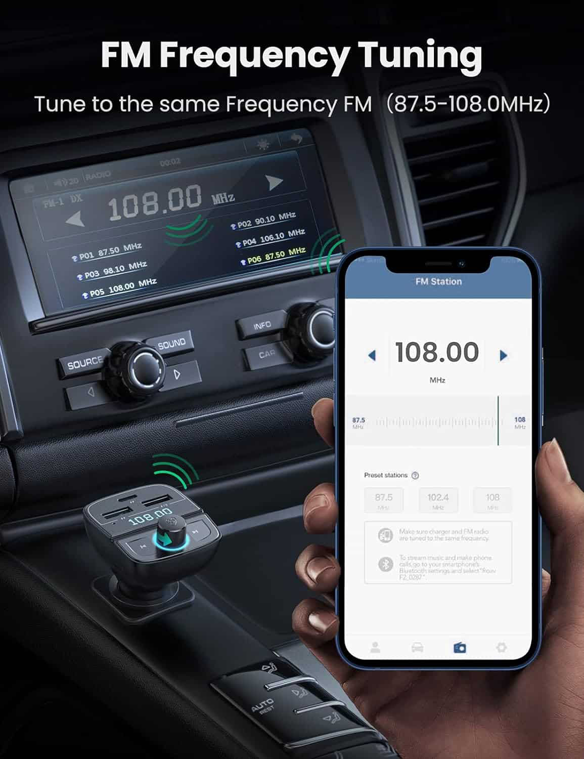 Modulador FM Bluetooth UGREEN CD229, 2 x USB-A - 1 x USB-C - 1 x microSD
