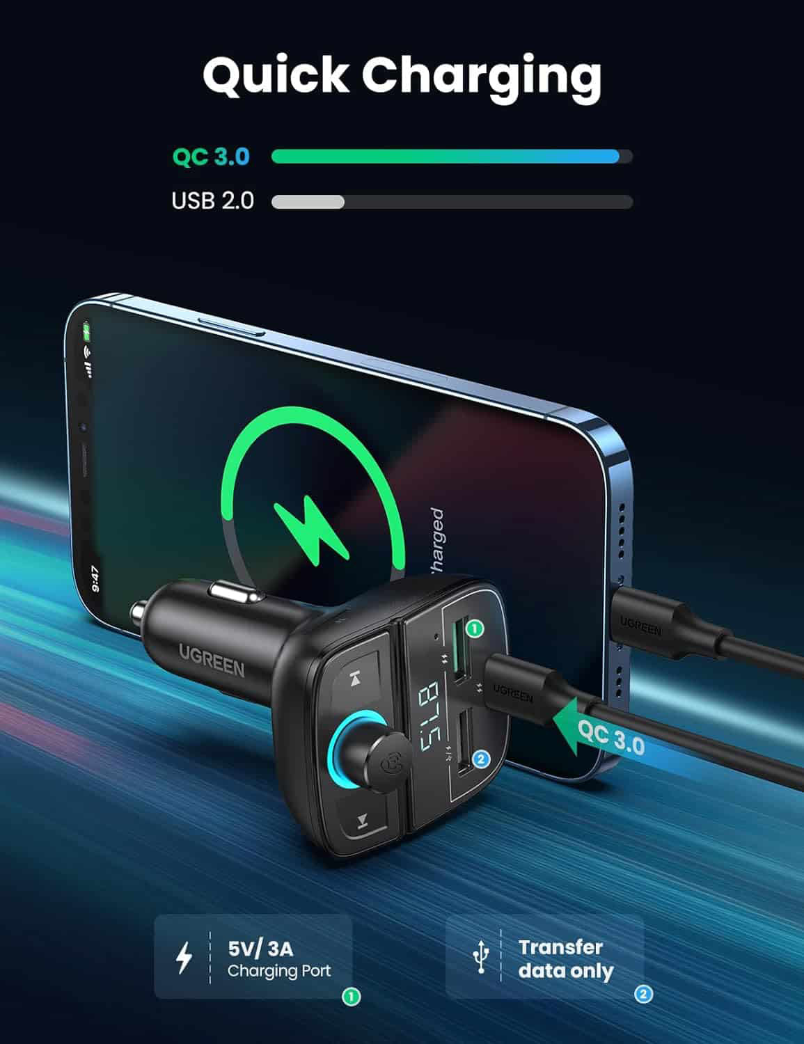 Modulador FM Bluetooth UGREEN CD229, 2 x USB-A - 1 x USB-C - 1 x microSD
