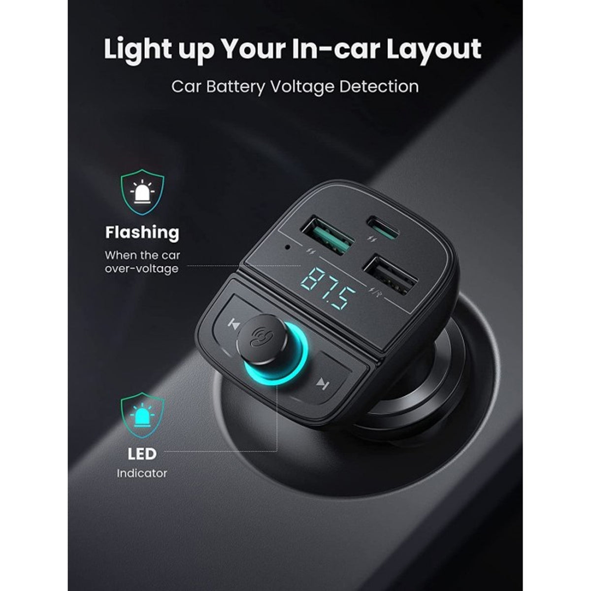 Modulador FM Bluetooth UGREEN CD229, 2 x USB-A - 1 x USB-C - 1 x microSD
