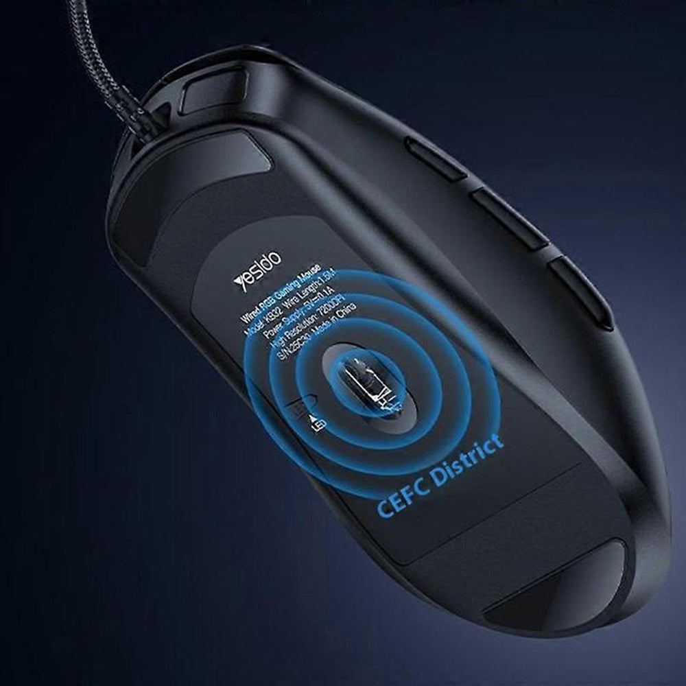 Mouse Gaming con cable USB Yesido KB32, RGB, 7200DPI, Negro