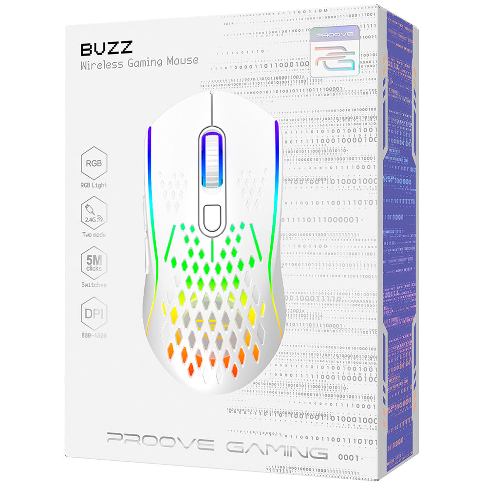 Mouse Gaming Wireless Proove Buzz, RGB, 800DPI - 4800DPI, Blanco WMBU00022402