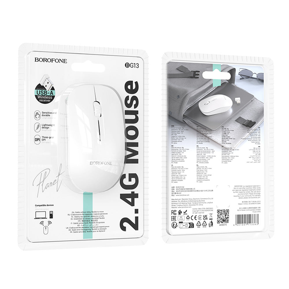 Ratón Inalámbrico Borofone BG14 Planet, 1000DPI, BT / Wi-Fi, Blanco