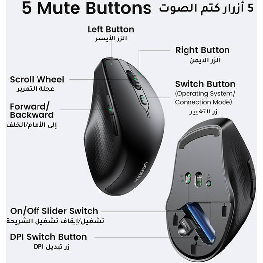 Ratón Inalámbrico UGREEN MU101, 4000DPI, BT / Wi-Fi, Negro