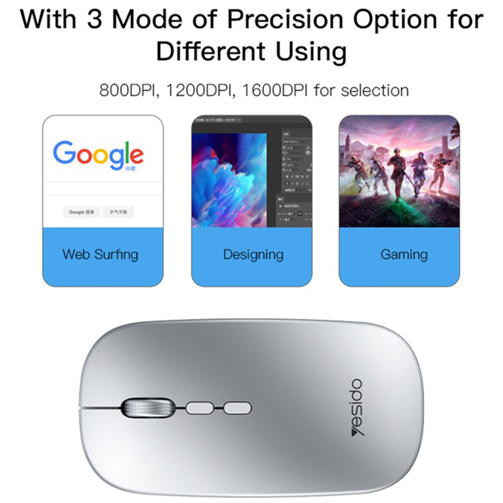 Mouse Wireless Yesido KB15, 800DPI - 1600DPI, Plateado