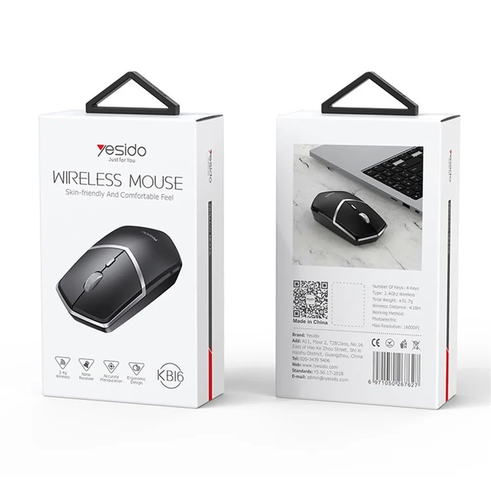 Mouse inalámbrico Yesido KB16, 1600DPI, Negro