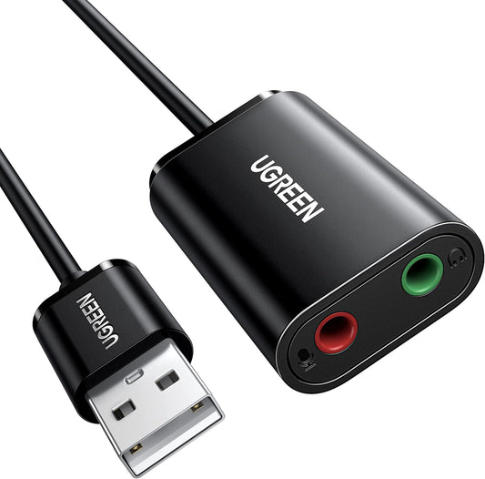 Tarjeta de sonido USB UGREEN US205, 2 x 3,5 mm jack, Negro