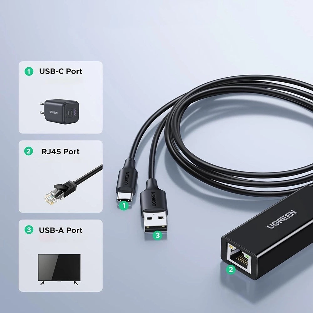 Placa de Red UGREEN CR110 (75535), RJ45, USB / USB-C, Negro
