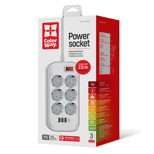 Regleta ColorWay, 6 x Schuko, Blanca