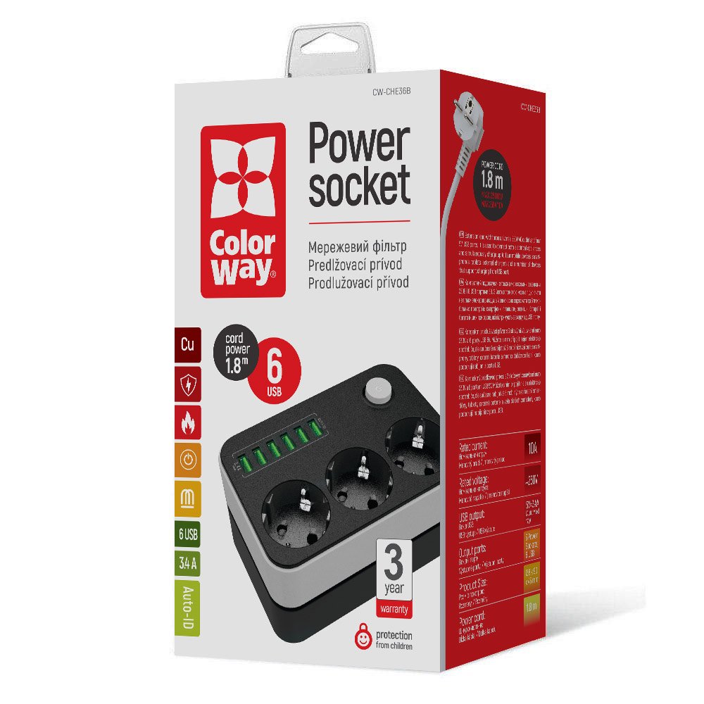 Extensión ColorWay, 3 x Schuko - 6 x USB-A, Negro