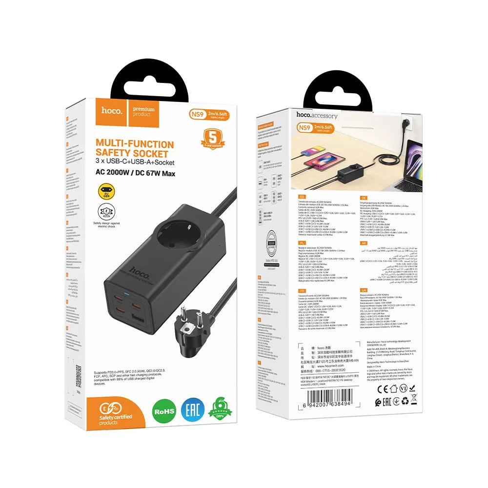 Extensión HOCO NS9, 1 x Schuko, Negro