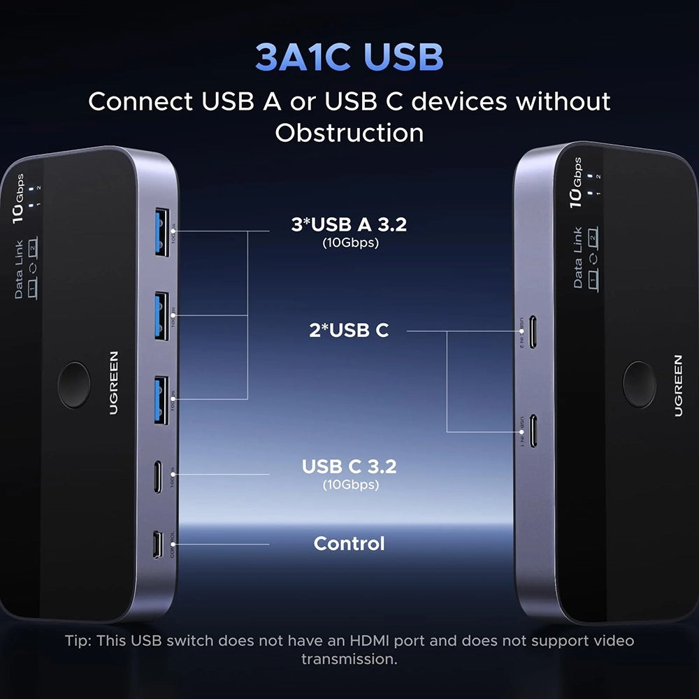 Switch USB UGREEN CM691 (45784), 3 x USB-A 3.2 - 1 x USB-C - 1 x miniUSB, Negro