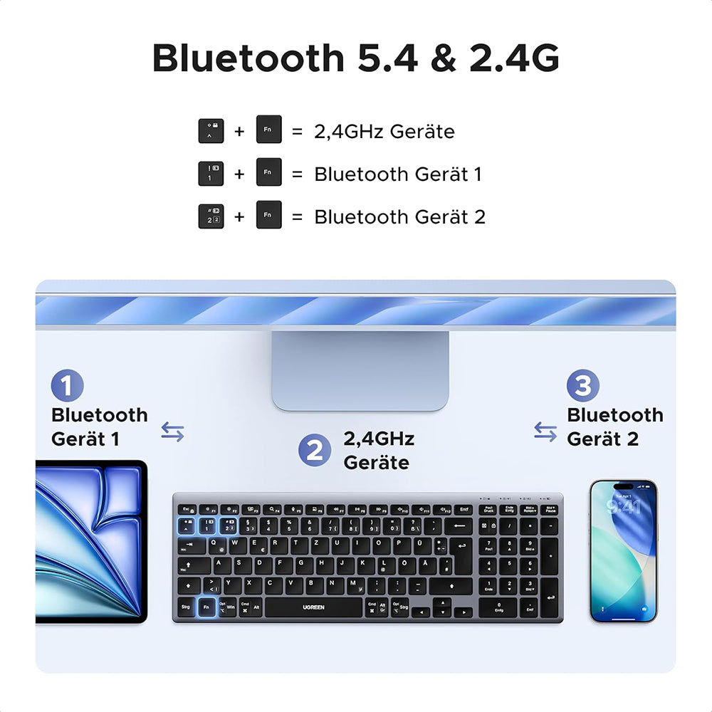 Teclado inalámbrico UGREEN K552 (75163), BT / Wi-Fi, Negro