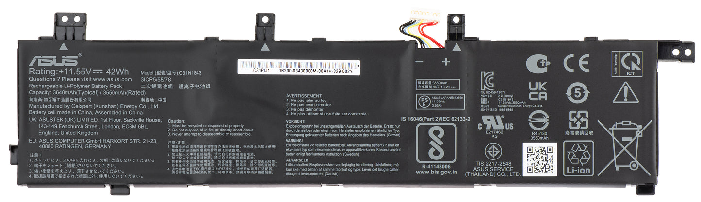 Batería Asus X532 BATT / COS POLY / C31N1843, 3640mAh, Service Pack 0B200-03430000