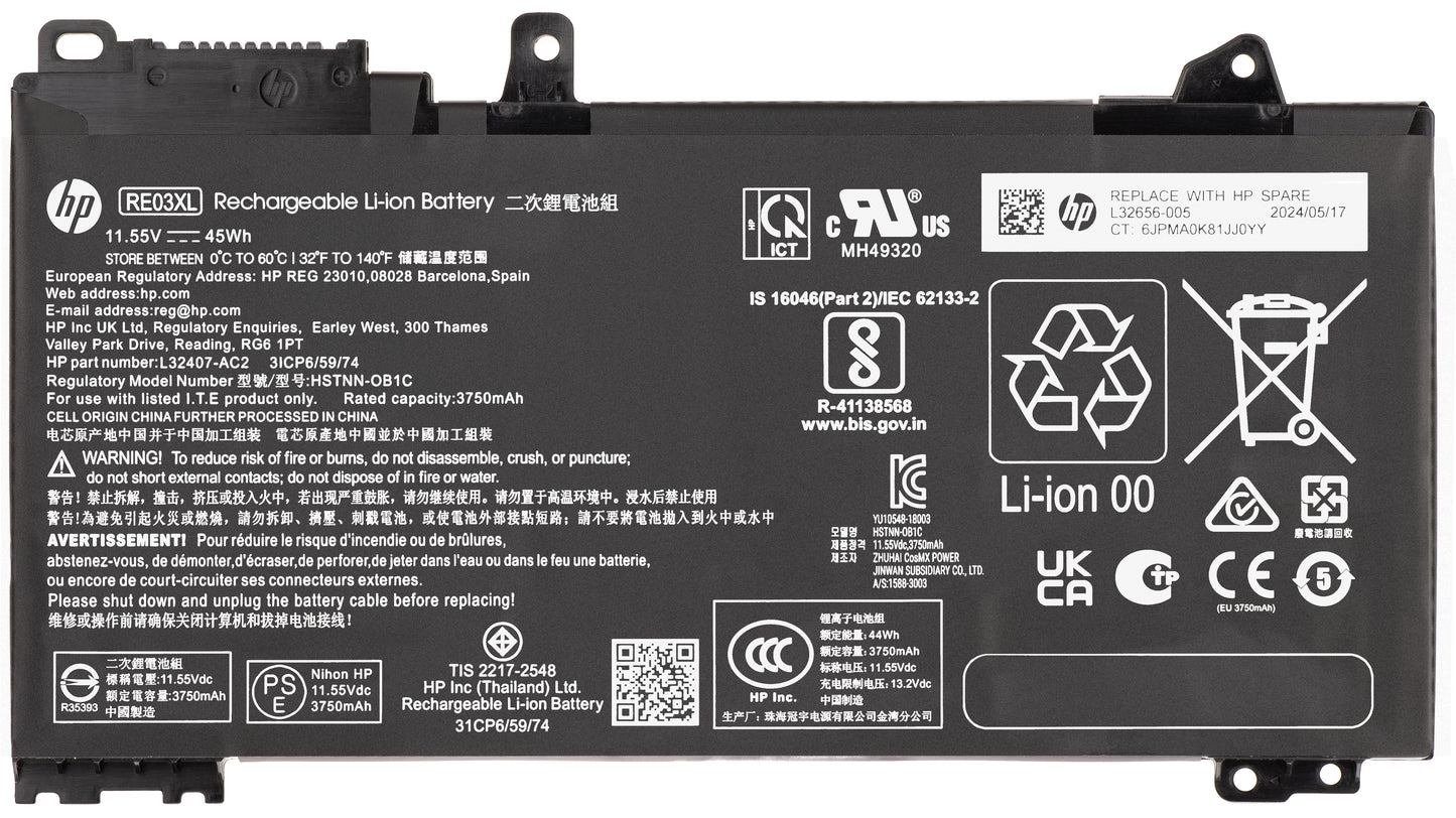 Batería HP RE03045XL-PL, 3920mAh, 45Wh, 3 celdas, Service Pack L32656-005 