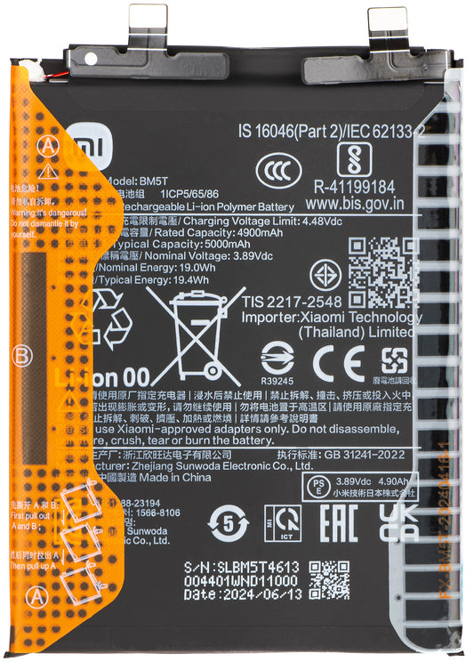 Batería Xiaomi 14T / 13T / Poco X6 Pro / M6 Pro 4G / Redmi Note 13 Pro 4G, BM5T, Service Pack 1330102000122B