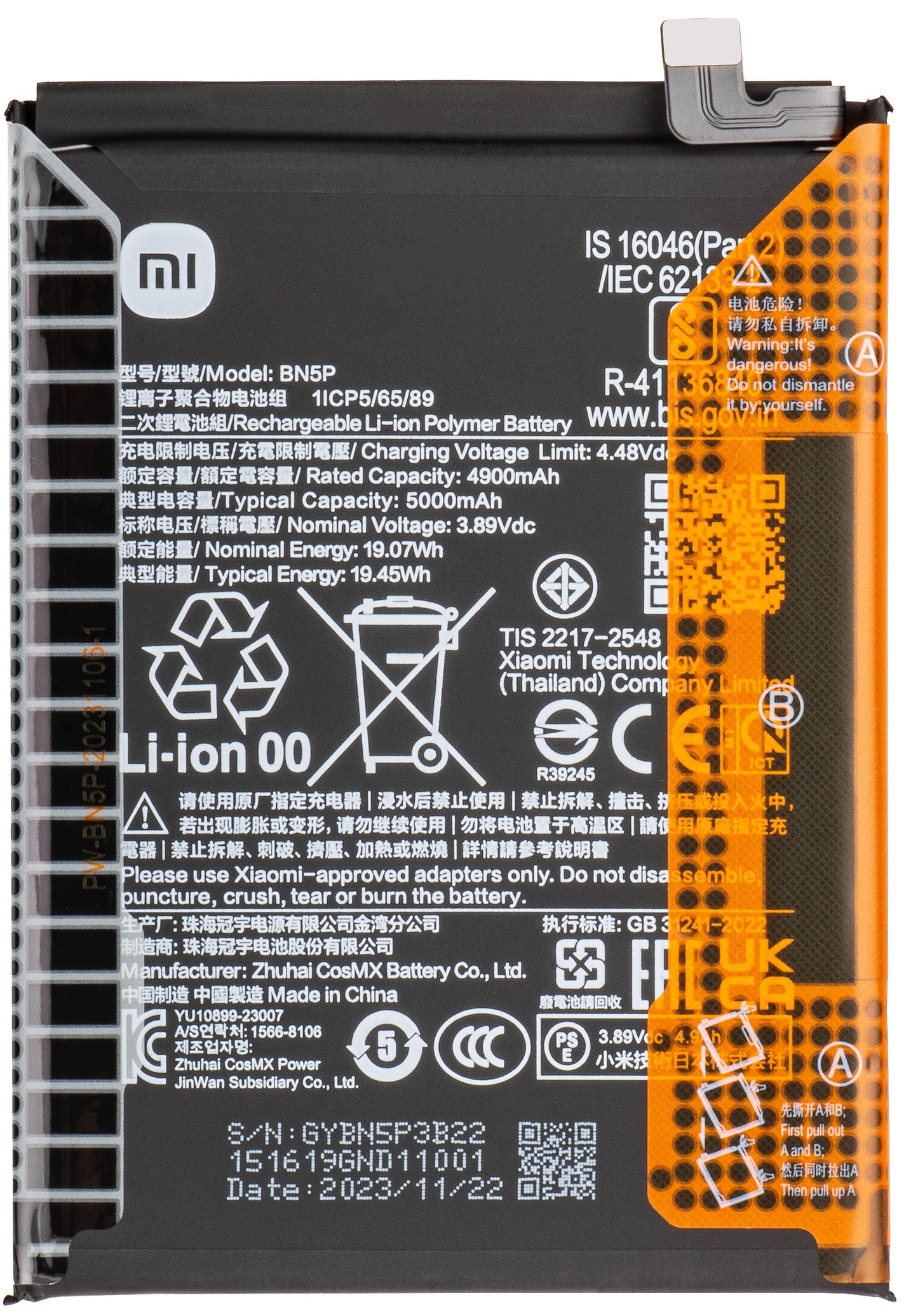 Batería Xiaomi Redmi Note 13 5G, BN5P, Service Pack 133010200010116B 