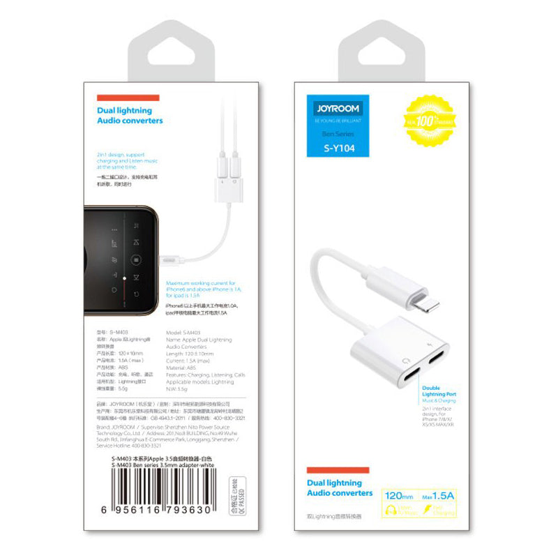 Adaptador de Audio Lightning - 2 x Lightning Joyroom S-Y104, Blanco
