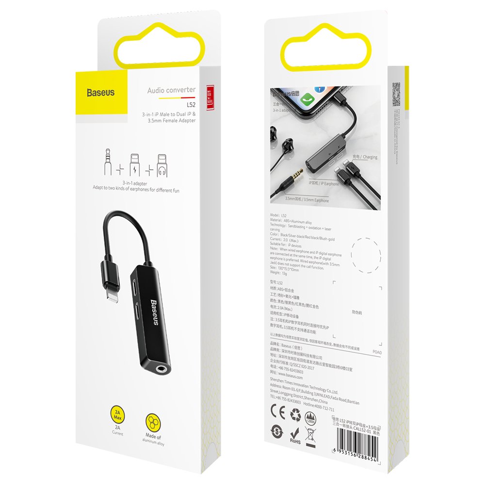 Adaptador de Audio Lightning - Lightning / 3.5mm Baseus L52, Negro CALL52-01