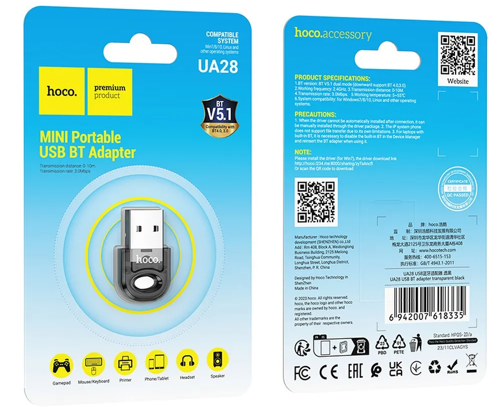 HOCO UA28 USB Bluetooth Adapter, Black