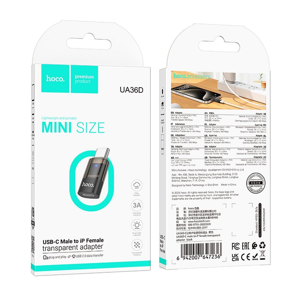 Adaptador de Datos y Carga Lightning - USB-C HOCO UA36D, Negro