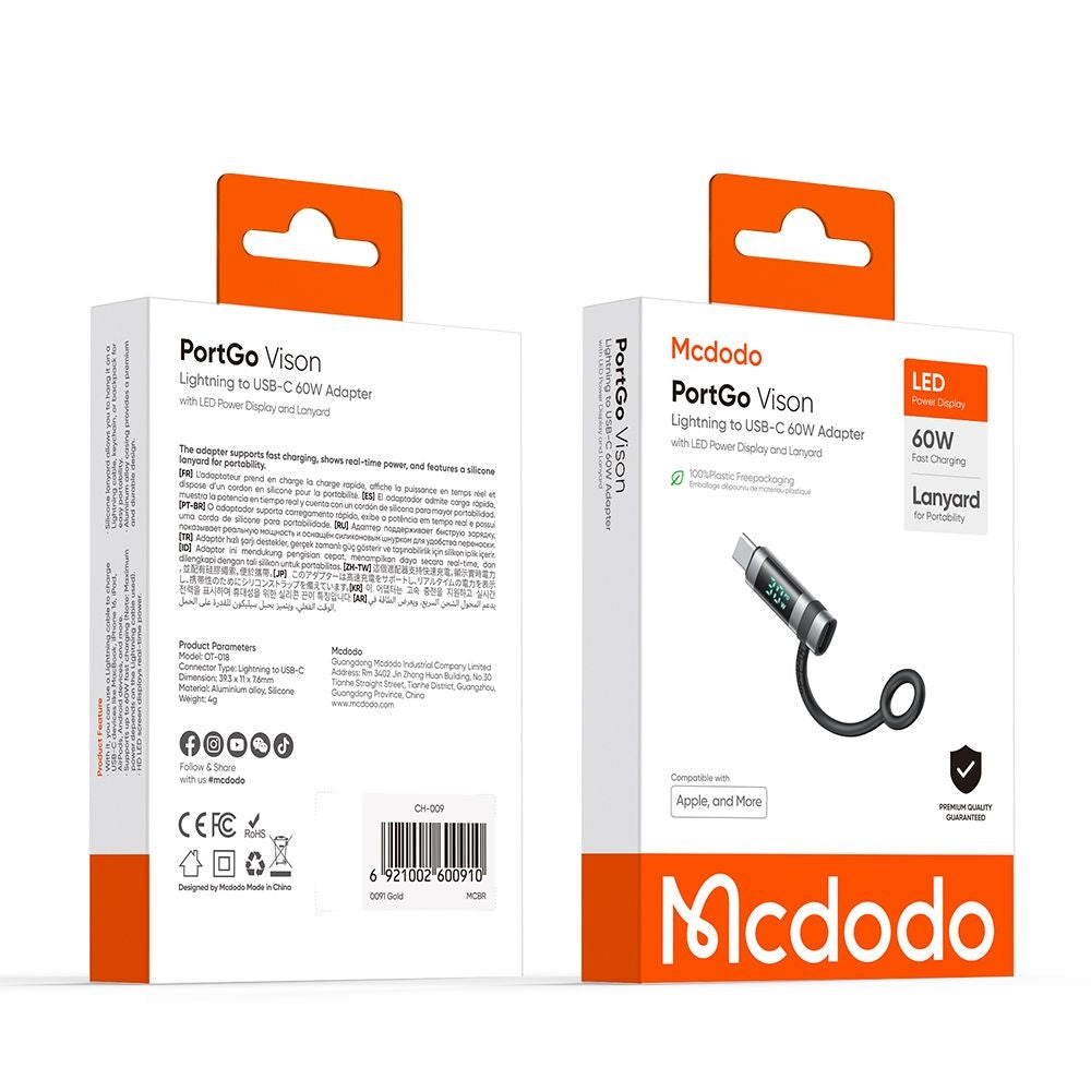 Adaptador de Datos e Carga Lightning - USB-C McDodo OT-0180 Pigeon Display, Negro
