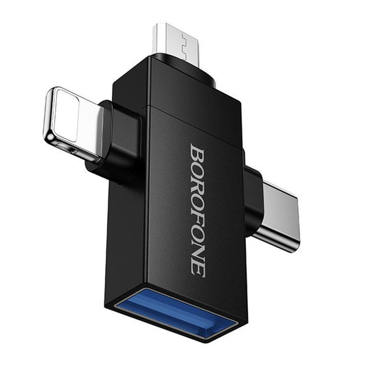 Adaptador OTG Lightning / microUSB / USB-C - USB-A Borofone BV26D, Negro