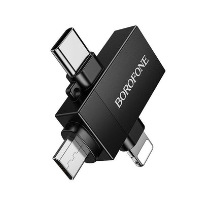 Adaptador OTG Lightning / microUSB / USB-C - USB-A Borofone BV26D, Negro