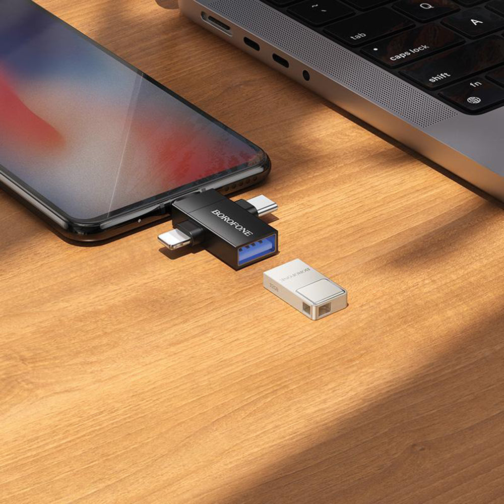 Adaptador OTG Lightning / microUSB / USB-C - USB-A Borofone BV26D, Negro