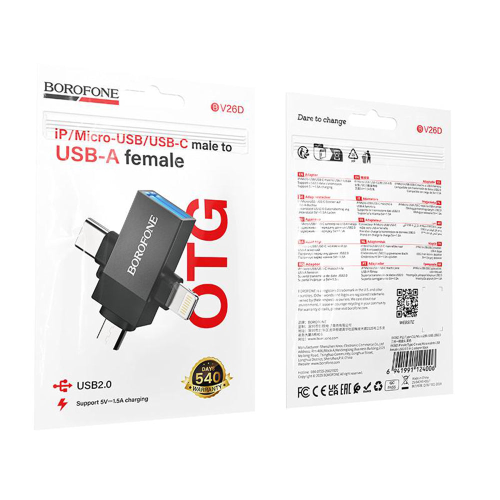 Adaptador OTG Lightning / microUSB / USB-C - USB-A Borofone BV26D, Negro