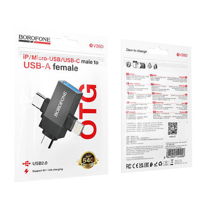 Adaptador OTG Lightning / microUSB / USB-C - USB-A Borofone BV26D, Negro