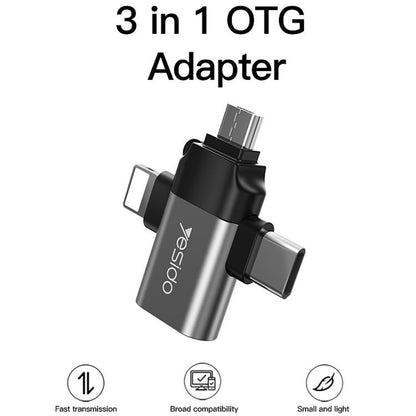 Adaptador OTG Lightning / microUSB / USB-C - USB-A Yesido GS15, Negro