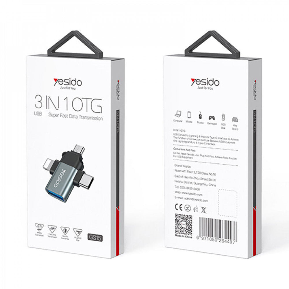 Adaptador OTG Lightning / microUSB / USB-C - USB-A Yesido GS15, Negro