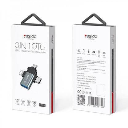 Adaptador OTG Lightning / microUSB / USB-C - USB-A Yesido GS15, Negro