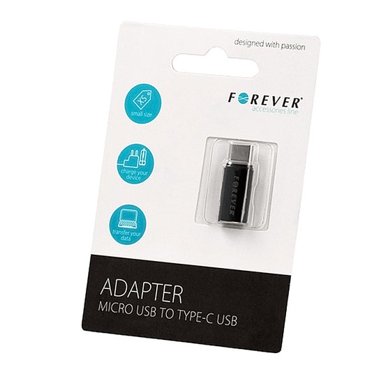 Adaptador de Datos y Carga microUSB - USB-C Forever, Negro