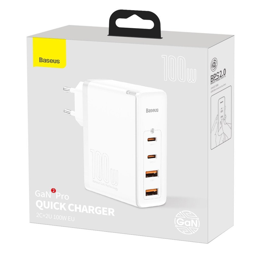 Cargador de red Baseus GaN2 Pro, 100W, 3A, 2 x USB-A - 2 x USB-C, Blanco CCGAN2P-L02